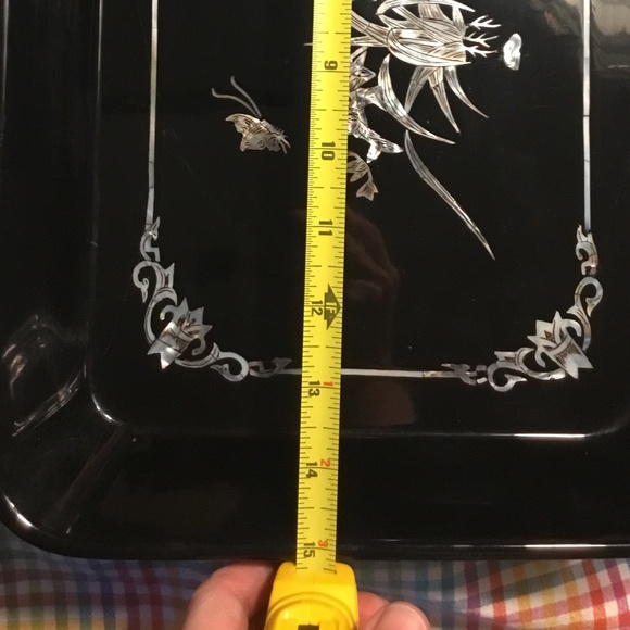 Vintage Asian Mother of Pearl Inlay Lacquered Serving Tray 15” x 10” x 2” - Picture 8 of 10